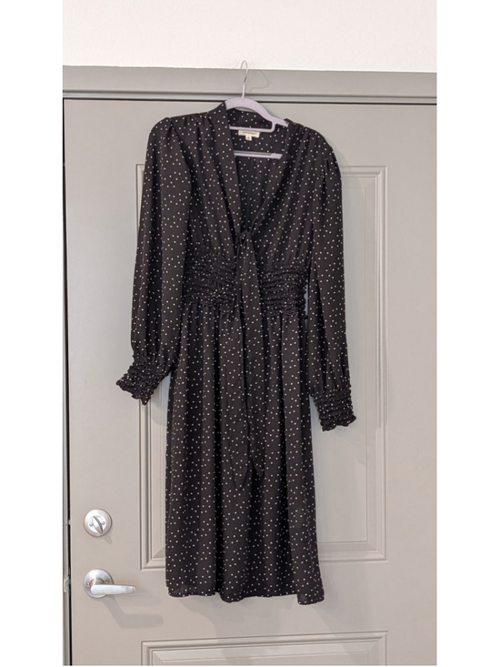 MAX STUDIO Dresses & Skirts - Max Studio Black Polka Dot Tie Neck Midi Dress Smocked Waist Long Sleeve Size M